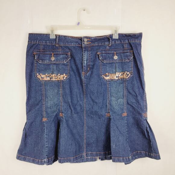 Ashley Stewart blue pleated sequin accent denim skirt Size 24 western glam - Picture 1 of 8